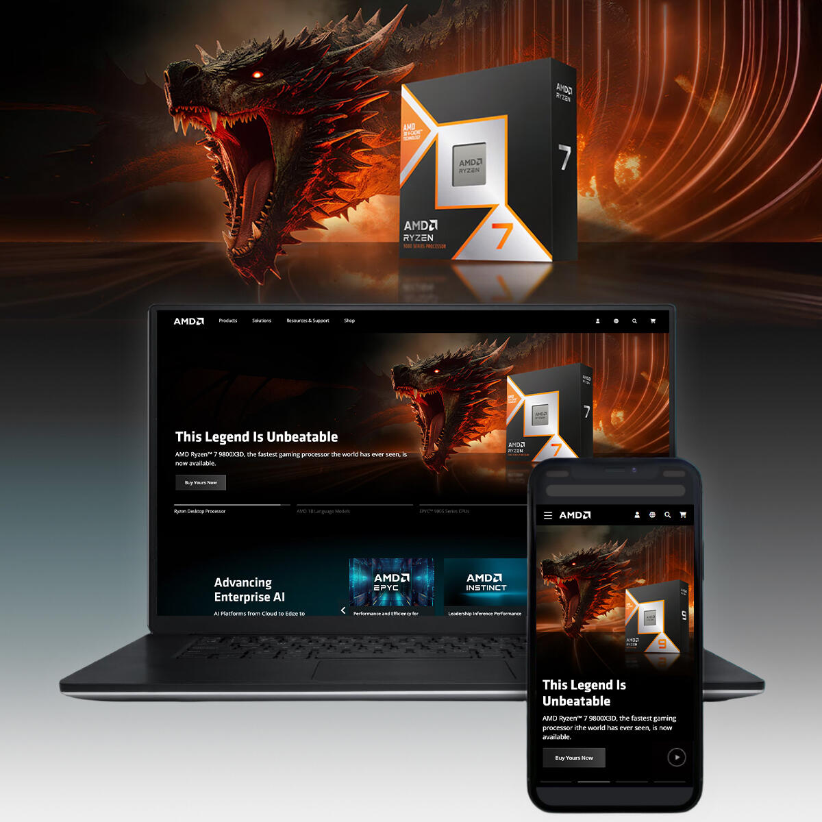 AMD Ryzen 7 Responsive Campaign Experience Cross-platform design showcasing AMD Ryzen campaign with immersive visuals on web and mobile.